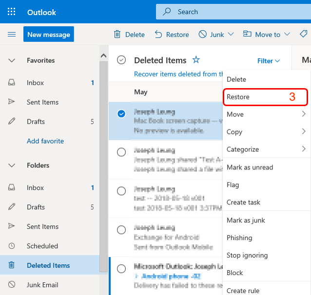 Click recover deleted items