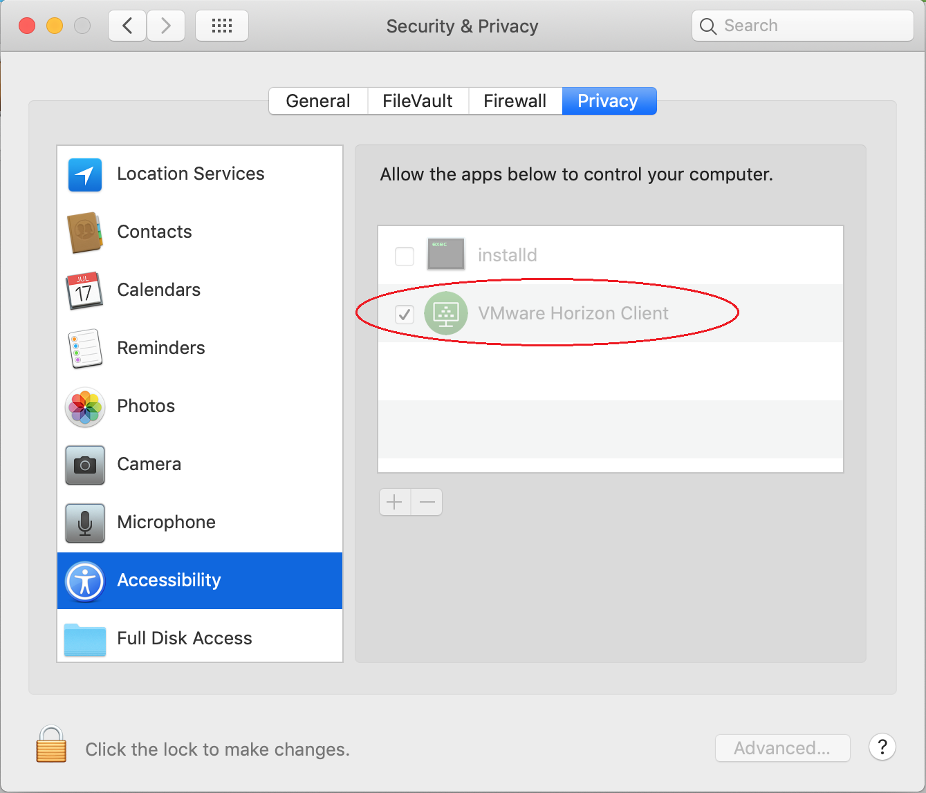allow VMware Horizon Client