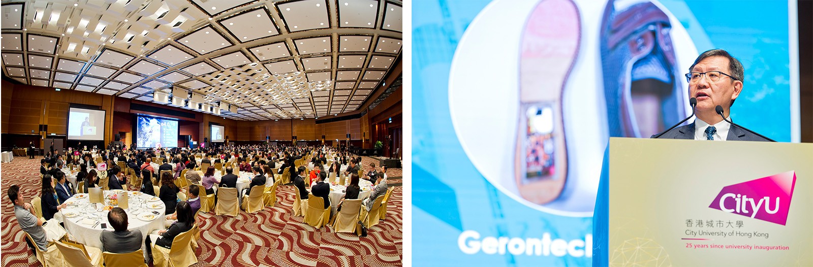 近六百人出席城大僱主午宴（左圖），林宣武先生以「創新．創造未來」為題發表演講。