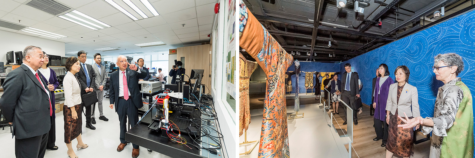 Dr Choi visited the State Key Laboratory of Terahertz and Millimeter Waves (left) and the exhibition “A Passion for Silk: The Road from China to Europe” at the Indra and Harry Banga Gallery (right).