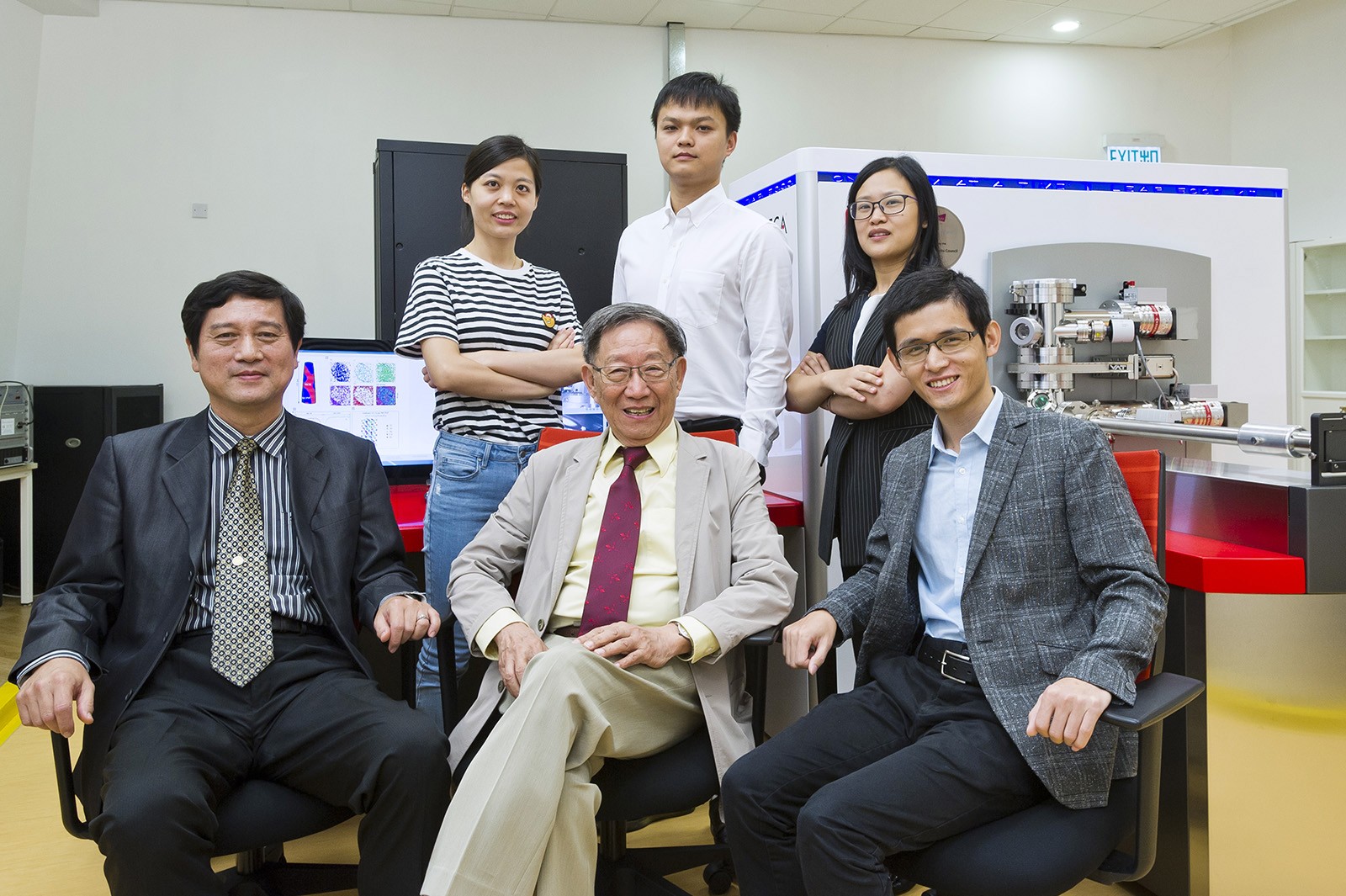 (Front row, from left) Chair Professor Kai Jijung, Professor Liu Chain-tsuan, Dr Jiao Zengbao, (back row, from left) Dr Zhao Yilu, Dr Yang Tao and Dr Luan Junhua, Senior Research Associate at the Inter-University 3D Atom Probe Tomography Unit. 