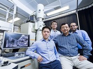 The CityU team has discovered that nanoscale diamond can experience a significant amount of elastic deformation. (From left: Dr Lu Yang, Zhang Hongti, Professor Zhang Wenjun and Amit Banerjee)