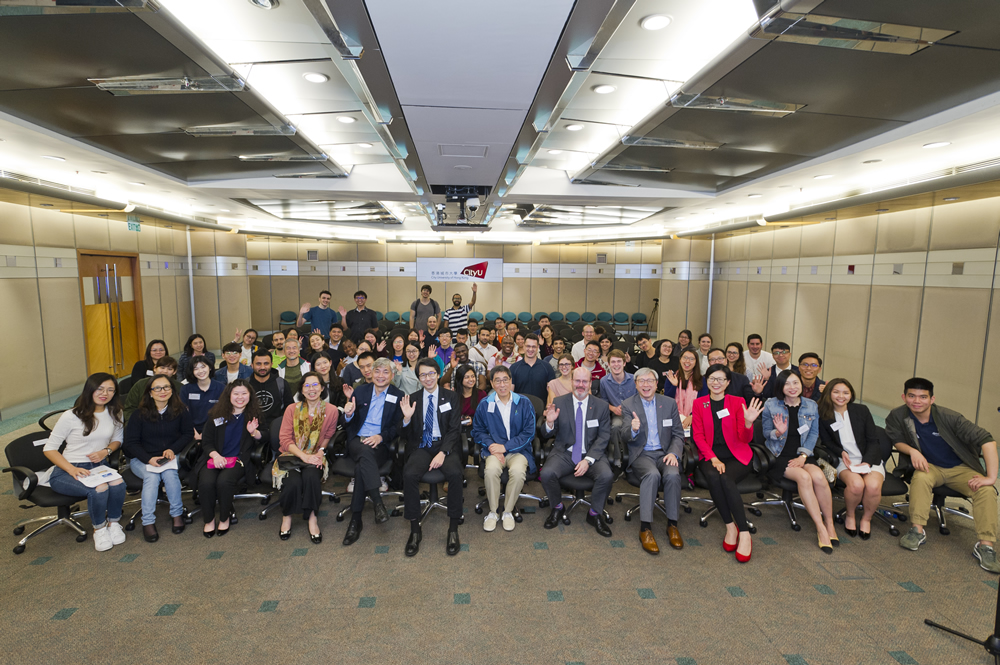 Group photo of (from left) Ms. Helen LAM, Dr. Maggie DONG, Professor Horace IP, Consul General NANKIVELL, Professor Way KUO, Professor Matthew LEE, and Dr. Ron KWOK 